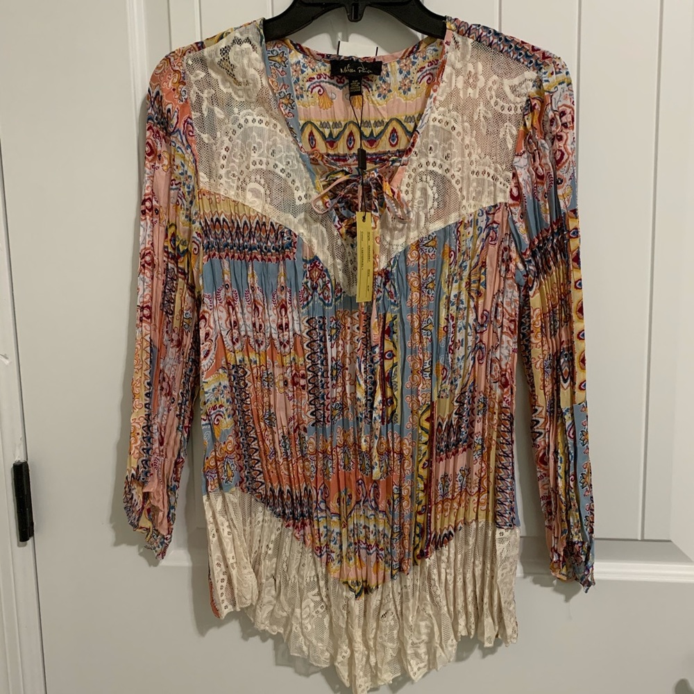 MELISSA PAIGE Lace Pleat Tie Tunic blouseTop SP Boho peasant Crinkle blue mult